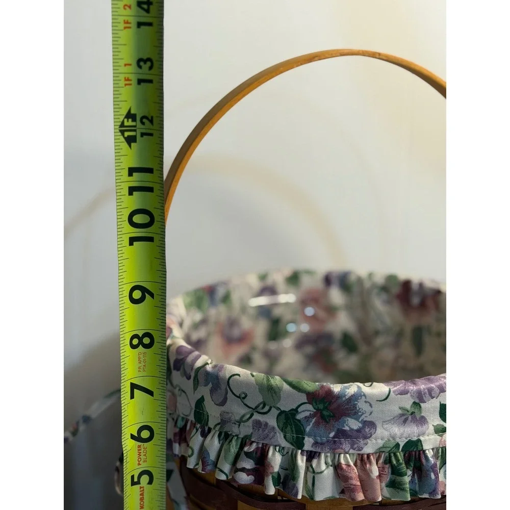 VTG Longaberger 96' May Series Sweet Pea Basket Brown Floral Liner Ceramic TieOn